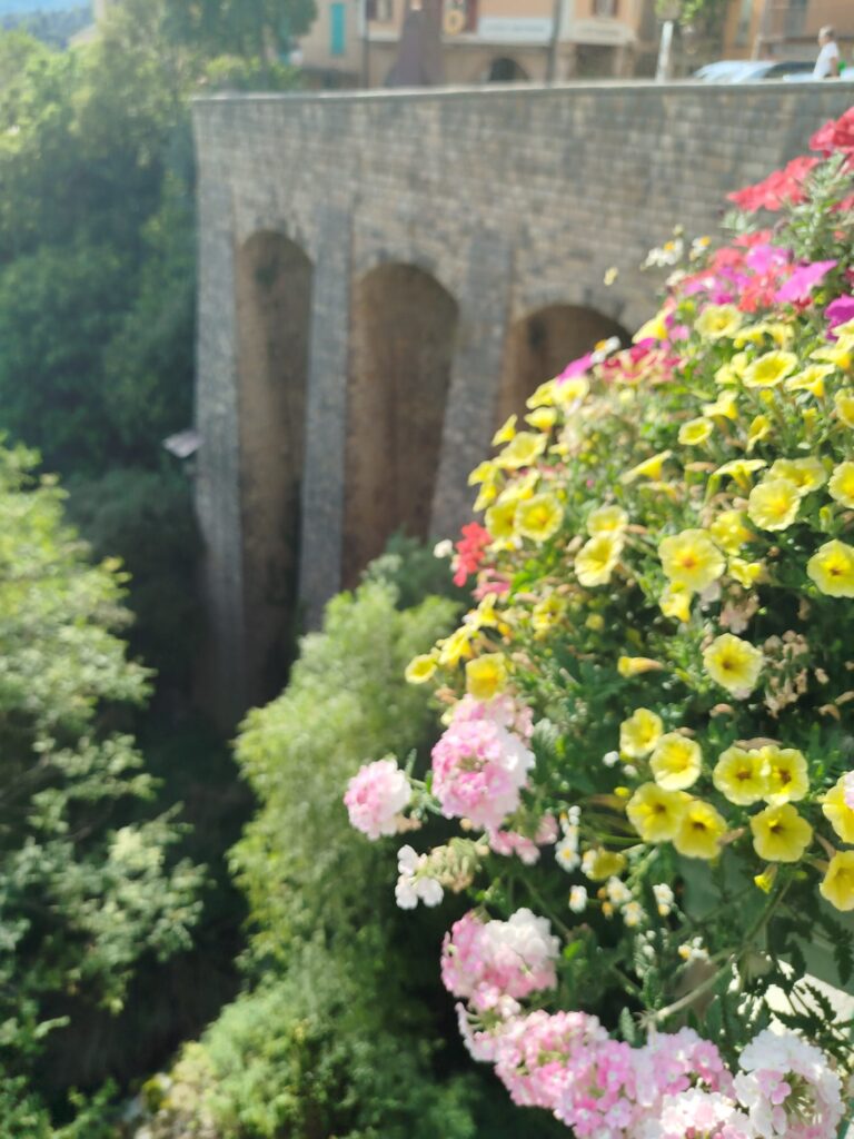 Massif de fleurs colorées dominant le pont de Moustiers-Sainte-Marie, en Provence, lors du tournage du clip Enfant de la Provence de Daryl.