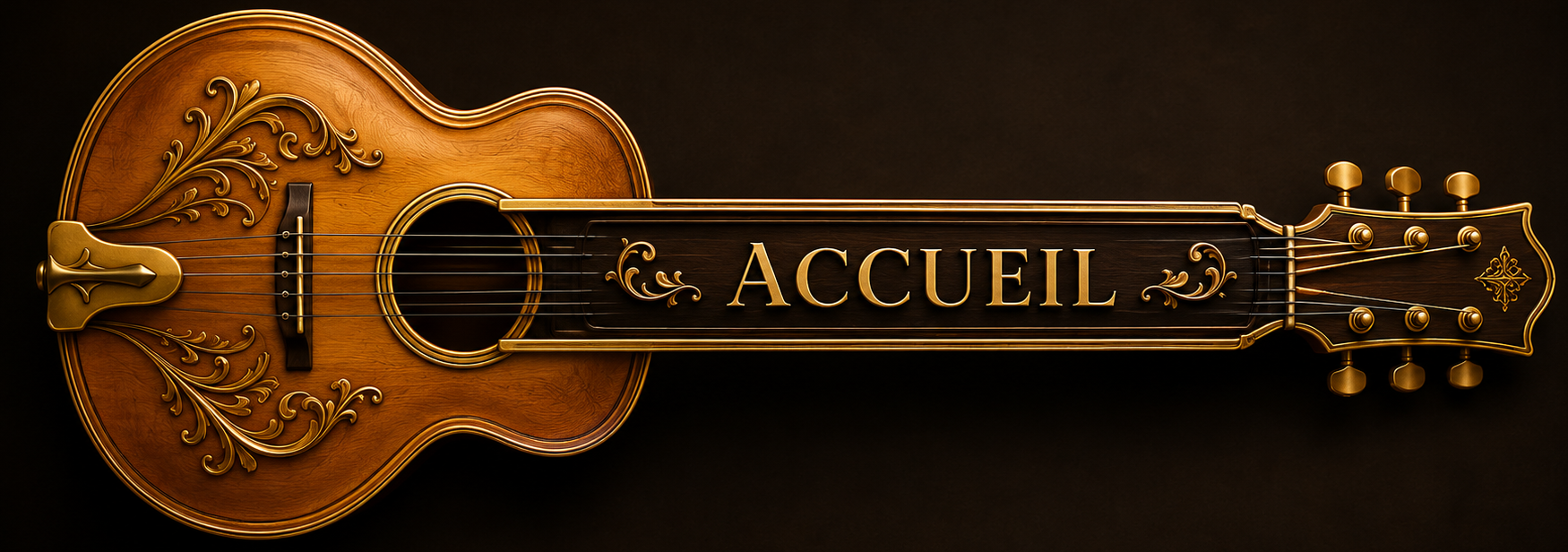 Illustration d'une guitare en bois sculptée avec l'inscription « Accueil », utilisée comme bannière de la page d'accueil du site officiel de Daryl.